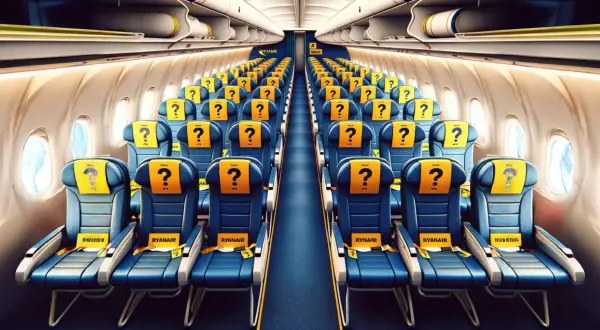 Puste miejsca w samolocie Ryanair z żółtymi zagłówkami i znakami zapytania. Czekają na pasażerów.