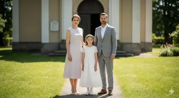 Rodzina przed kościołem. Mama w jasnej sukience, tata w garniturze, a córka w bieli. Idealny przykład, jak się ubrać na komunię syna, gdy to on jest głównym bohaterem.