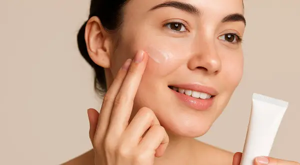 Donna applica un leggero strato di base trucco sul viso, tenendo in mano il tubetto.