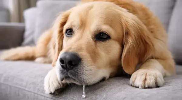 Smutny golden retriever leży na kanapie, zastanawiając się, czy pies może jeść migdały. Ślina kapie mu z pyska.