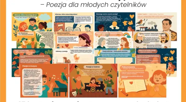 Wiersze, które rozumieją dzieci – poezja dla młodych czytelników. Ilustracje przedstawiają dzieci, zwierzęta i postacie z literatury, zachęcając do odkrywania świata **lyric**.