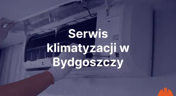 Ręka w białej rękawiczce naprawia klimatyzację. Napis: Serwis klimatyzacji w Bydgoszczy.