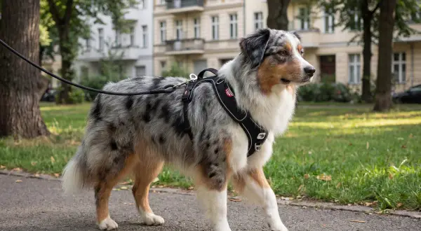 Ein wunderschönes australian shepherd Rasseportrait: Ein blue merle Australian Shepherd mit seinem charakteristischen Fellmuster und einem Geschirr spaziert auf einem Weg.