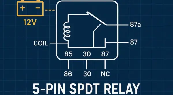 Diagrama de un rele coche de 5 pines SPDT. Muestra la conexión de una batería de 12V a la bobina y los contactos.