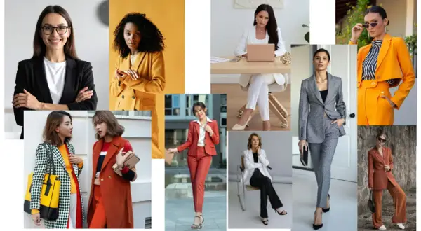 Kobiety w stylizacjach business casual: garnitury, marynarki i eleganckie spodnie.