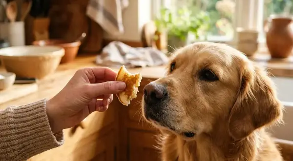 A golden retriever looks longingly at a piece of pancake offered by a hand. This image makes you wonder, can dogs eat pancakes?