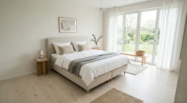Ein helles Schlafzimmer mit einem **standard Bett**, weißen Bettwäsche, einem Holzbettrahmen und großen Fenstern mit Blick auf einen Garten.