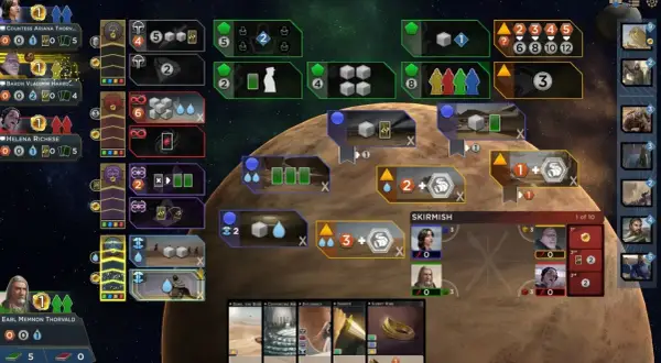 Brettspiel-Aufbau für Dune: Imperium Solo. Spielerfiguren, Ressourcen und Aktionsfelder sind auf dem Spielbrett verteilt.