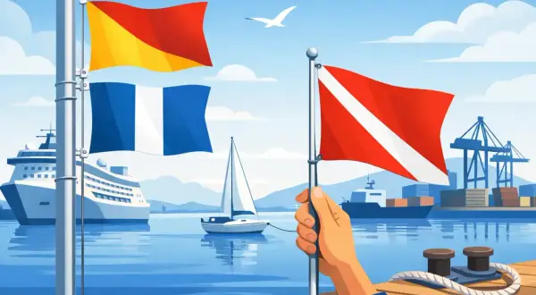 Un porto con un'esposizione di bandiere estere: una bandiera rossa e gialla, una bandiera francese e una bandiera da sub rossa con una striscia bianca.