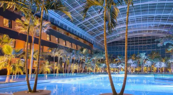 Tropikalny raj w Termach Erding: basen pod szklanym dachem, palmy i hotel.
