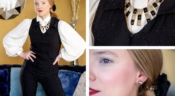 Elegancka kobieta w błyszczącym kombinezonie i naszyjniku, stylizacja inspirowana francuską marką odzieżową.