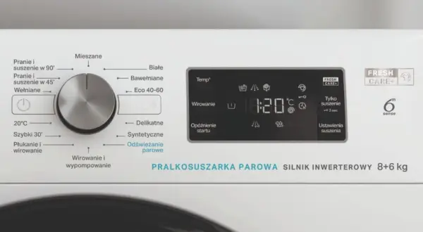 Panel sterowania pralkosuszarki Whirlpool z opisem programów: Mieszane, Białe, Bawełniane, Eco 40-60, Delikatne, Syntetyczne, Odświeżanie parowe. Wyświetlacz pokazuje czas 0:20.