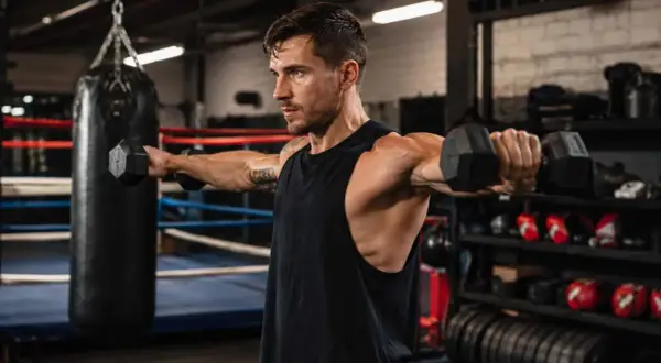 Man performing a boxing shoulder workout with dumbbells in a gym. He's focused, with toned arms and shoulders.