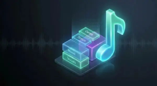 Leuchtende Musiknote und Ebenen mit "Vocals", "Mood", "Tempo", "Genre" – die besten instrumental hits finden.
