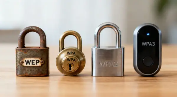 Candados que representan la evolución de la seguridad Wi-Fi: WEP, WPA, WPA2 y WPA3 Personal.