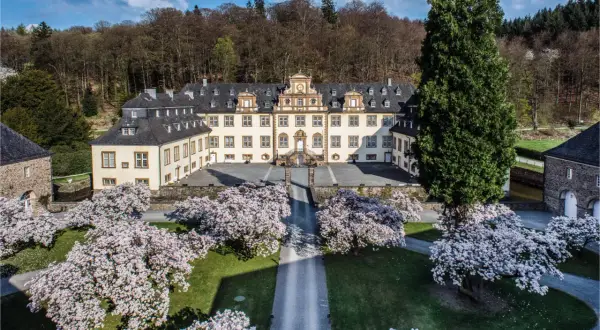 Schloss Ehreshoven erstrahlt im Frühling, umgeben von blühenden Magnolien und einem majestätischen Nadelbaum.