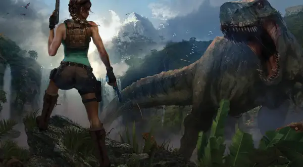 Lara Croft z pistoletami stawia czoła T-Rexowi w dżungli, jak w grach Tomb Raider.