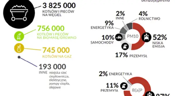 Wykresy pokazują, co wchodzi w skład smogu: kotły węglowe, biomasa, gaz, przemysł, energetyka, rolnictwo i samochody.