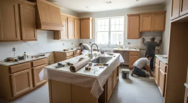 Operai al lavoro in una cucina in fase di ristrutturazione. Si sta posando il nuovo pavimento e si stanno installando le piastrelle. Un'idea di quanto costa rifare una cucina.
