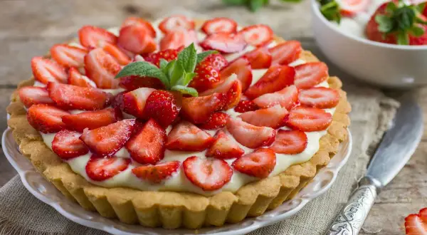 Prosta tarta z truskawkami, udekorowana listkami mięty, wygląda apetycznie na drewnianym blacie.