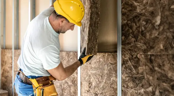 Operaio con casco giallo installa pannelli per l'isolamento acustico in una parete in costruzione.