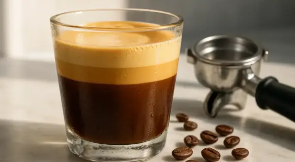 En perfekt lagerdelad cortado, med sin rika espresso och mjölkskum, står bredvid en portafilter. En härlig kontrast till en cappuccino.