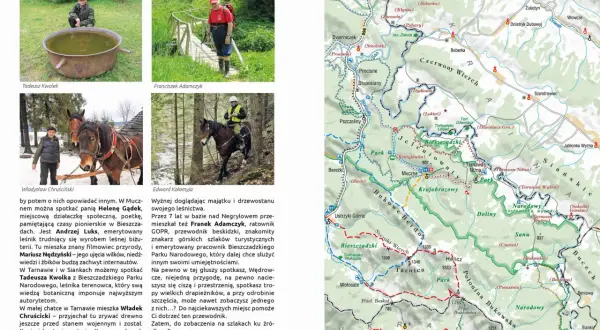 Mapa Bieszczadów z zaznaczoną Doliną Sanu, zdjęciami ludzi i koni.