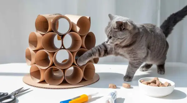 Gato gris jugando con una torre de rollos de cartón, un ejemplo de juguetes para gatos caseros.