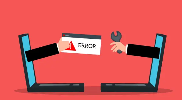 Dwie ręce wychodzące z laptopów. Jedna trzyma komunikat "ERROR", druga klucz francuski. Strona w przebudowie.