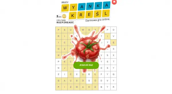 Wykreślanka gra z pomidorem w sosie. Rozgrywka online, litery hasła: ROZPZREADĆ.