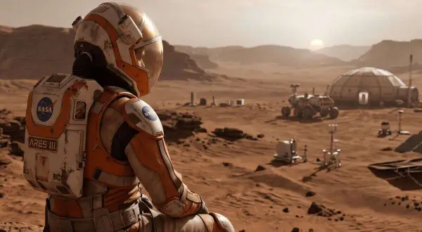 Astronaut w pomarańczowym skafandrze NASA z napisem ARES III siedzi na Marsie, patrząc na bazę i łazik. Scena jak z filmów z Mattem Damonem.