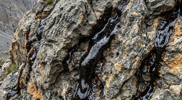 Ciemna, lepka substancja spływa po skalistej ścianie. To shilajit, znany z wielu właściwości zdrowotnych.