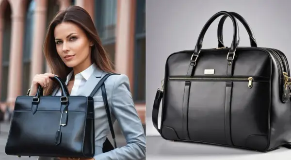 Elegante bolso multibolsillos negro de cuero, ideal para la mujer de negocios moderna.