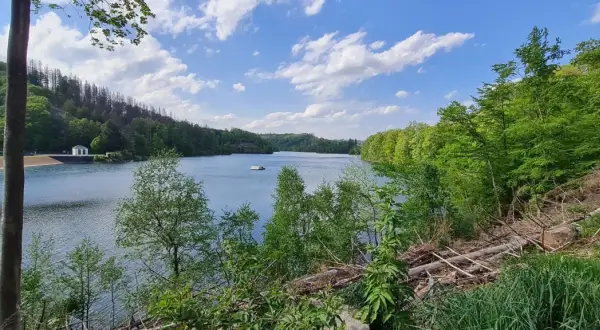 Ein ruhiger See mit einem kleinen Haus am Ufer, umgeben von grünen Wäldern. Der genkeltalsperre rundweg lädt zum Spaziergang ein.