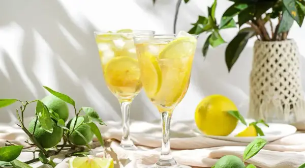 Dwa orzeźwiające kieliszki z lodem i plasterkami cytryny, idealne na letni wieczór. Ten limoncello drink wygląda kusząco!
