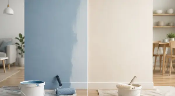 Pareti in fase di tinteggiatura: un lato blu, l'altro beige. Il significato di "traspirante" si ritrova nella scelta di vernici che permettono alla parete di respirare.