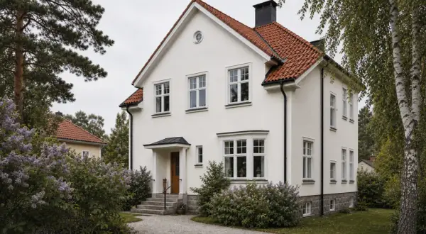 Vitt, putsat hus med tegeltak och gröna buskar. En nyrenoverad fasad som är redo att måla.