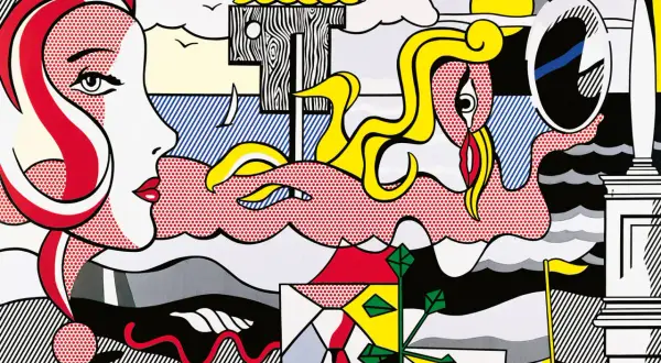 Pop art w stylu Roy Lichtensteina: kobieta z czerwoną falującą fryzurą, fale, żaglówka i odbicie w lustrze. Łatwe do rozpoznania.