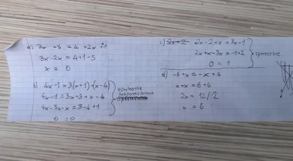 Ręcznie pisane równania matematyczne na kratkowanym papierze, w tym równania sprzeczne.