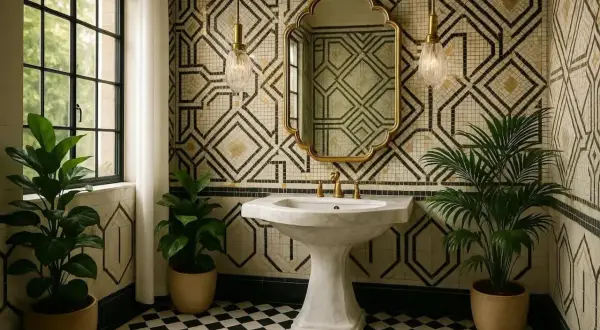 Élégante salle de bain art déco avec carrelage géométrique, lavabo sur colonne en marbre et plantes vertes.