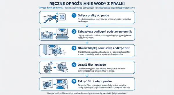 Instrukcja obsługi Whirlpool pralka od góry: odłącz prąd, zabezpiecz podłogę, otwórz klapkę, oczyść filtr, zakręć filtr i włącz pralkę.