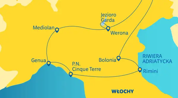 Mapa regionów Włoch: Mediolan, Genua, Cinque Terre, Bolonia, Werona, Jezioro Garda, Rimini i Riwiera Adriatycka.