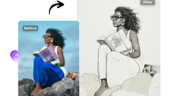 A woman reading a book on rocks, transformed by a drawing filter into a sketch.