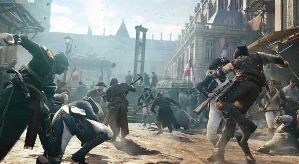 Scena z Assassin's Creed Unity, gdzie gracze mogą sprawdzić wymagania sprzętowe, ukazuje walkę na ulicach Paryża z gilotyną w tle.