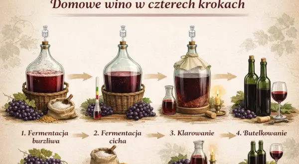Proces tworzenia swojskiego wina: fermentacja burzliwa, cicha, klarowanie i butelkowanie. Od winogron do kieliszka.