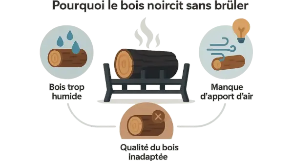 Illustration expliquant pourquoi le bois noircit sans brûler : bois trop humide, manque d'air, ou qualité inadaptée.