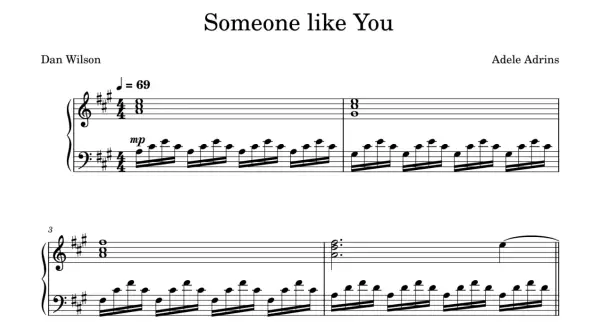 Nuty do piosenki "Someone like You" Adele. Widoczne akordy i oznaczenie tempa J=69.