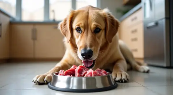 Złoty retriever z apetytem spogląda na miskę surowego mięsa, zastanawiając się, czy pies może jeść surowe mięso.
