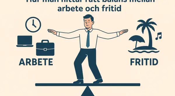 Man balanserar på en våg mellan arbete (laptop, portfölj, klocka) och fritid (strand, paraply, musik).