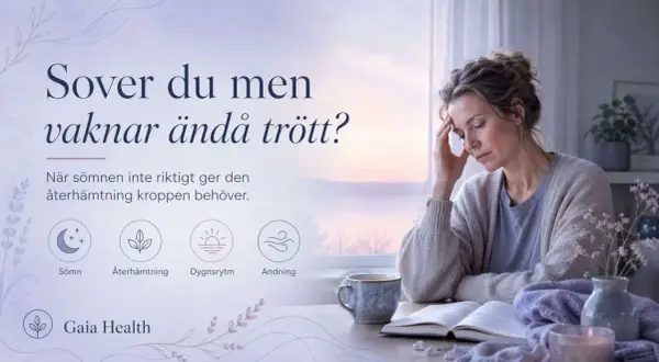 En kvinna med handen mot pannan sitter vid ett bord med en bok och en kopp. Hon ser trött ut, trots att hon vill slappna av.